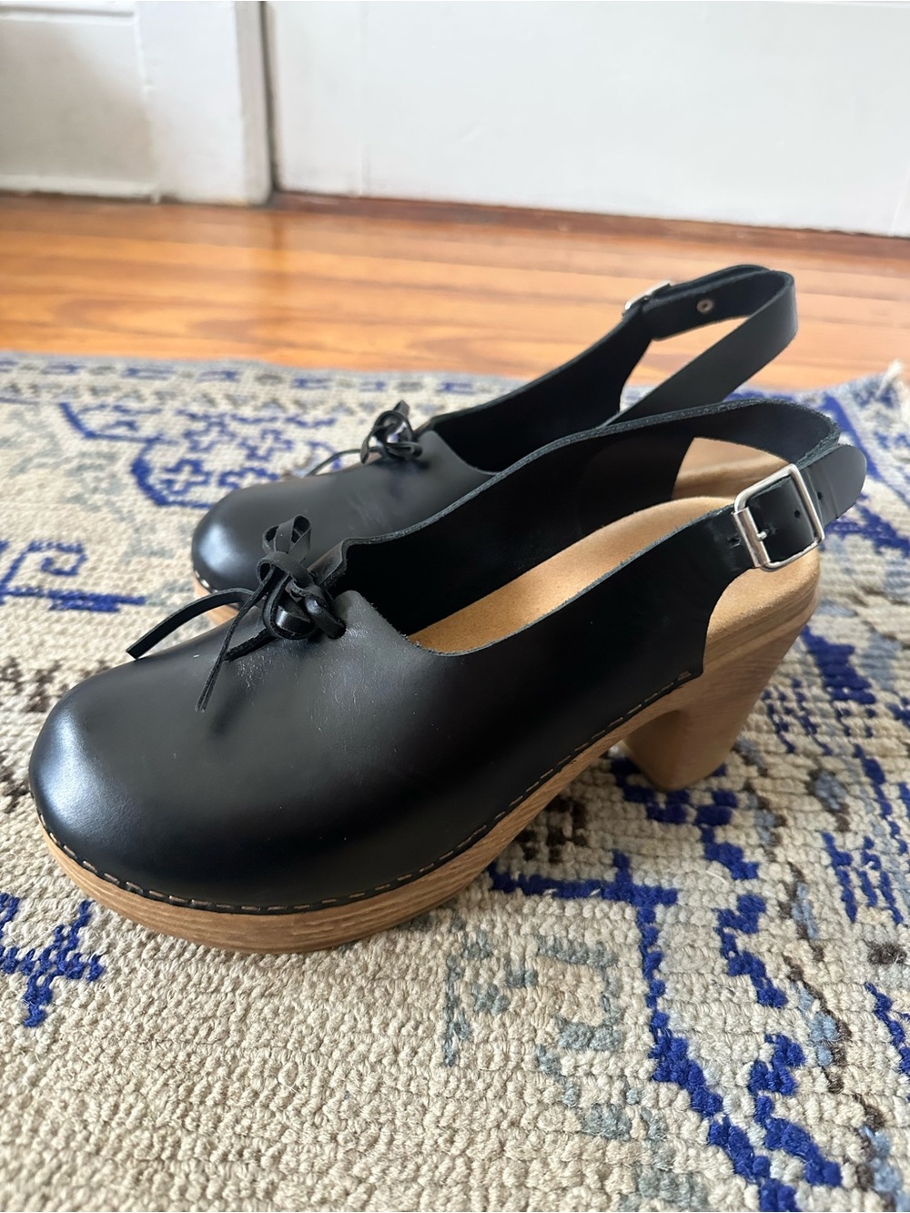 Black Leather Slingback Clogs with Wood-Effect Heel